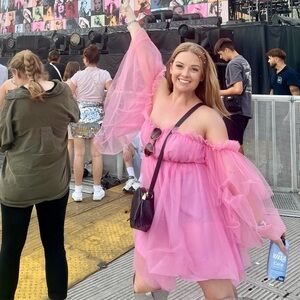 Pink Tulle Off-Shoulder Mini Dress – Medium